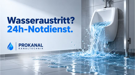 Wasseraustritt aus einem Pissoir: Prokanal Kanaltechnik bietet 24h-Notdienst bei Abfluss- und Rohrproblemen